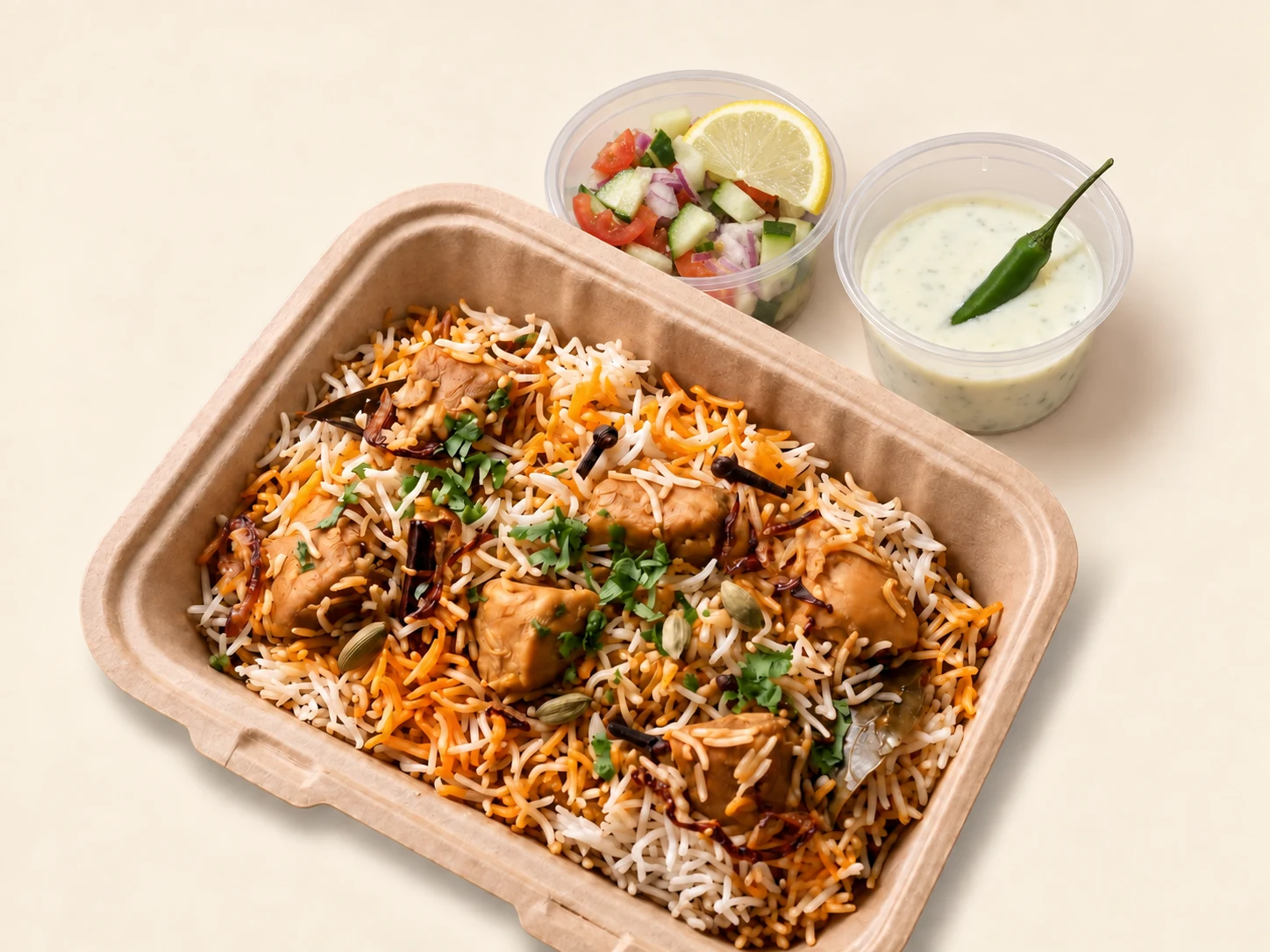 Chicken biryani with salad and raita