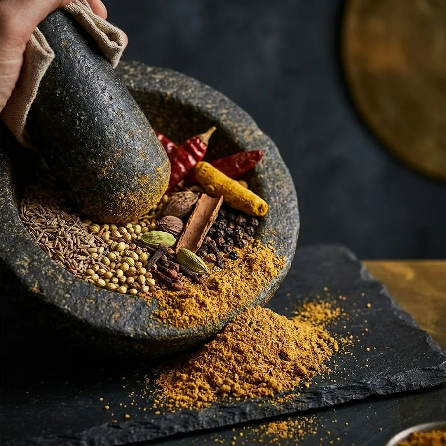 Whole spices being ground with a stone pestle and mortar.